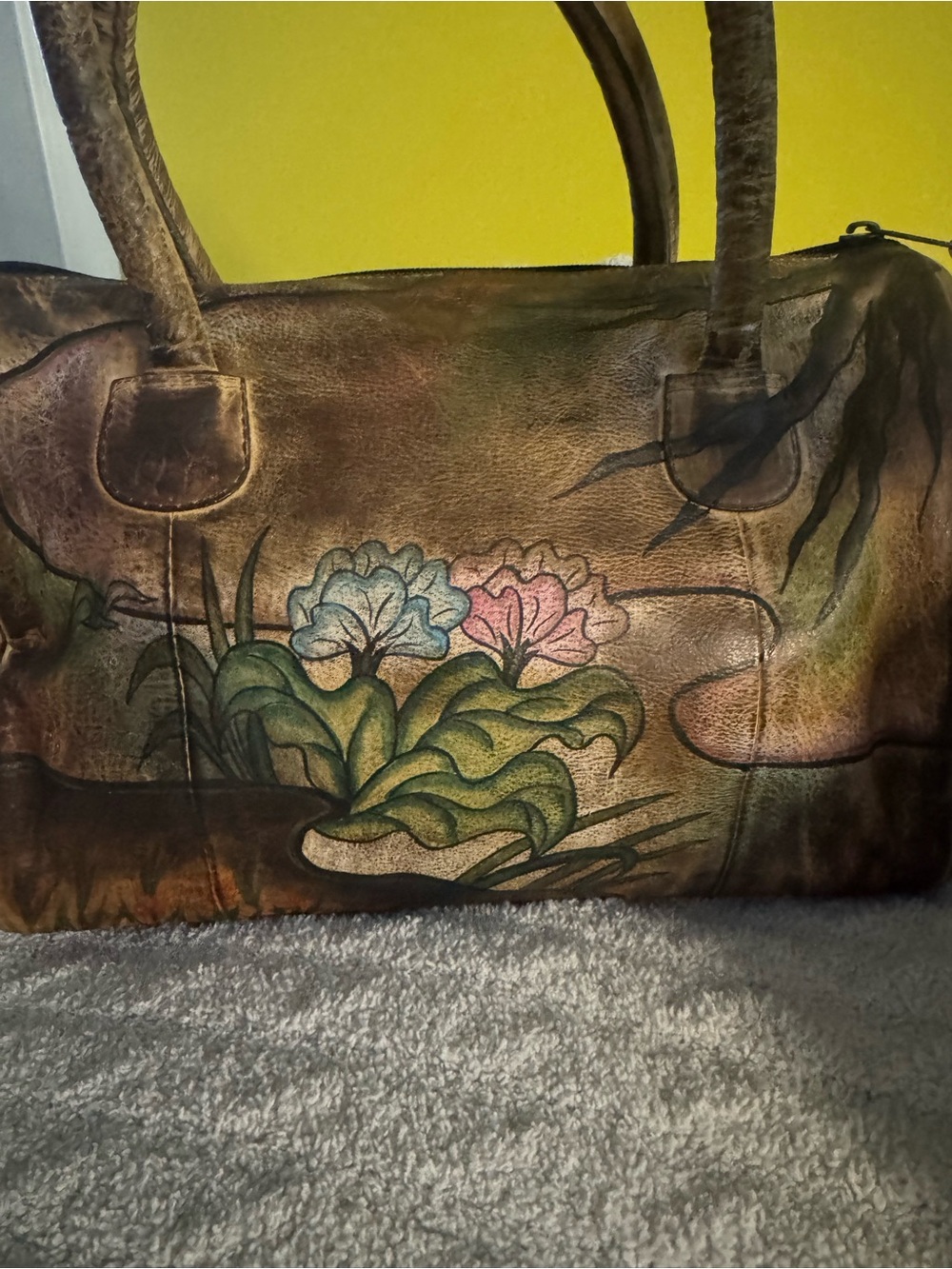 Hand-Painted Floral Leather Satchel in Brown and Multicolor - Picture 13 of 15